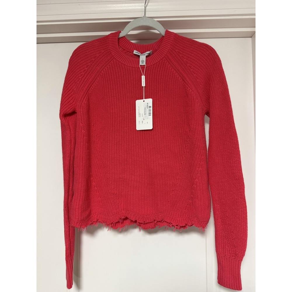 Cotton by Autumn Cashmere Distressed Scallop Shaker Sweater, Hot Pink, Small